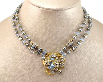 Vintage 1950s JONNE House of SCHRAGER Glass Pearl Bead Rhinestone Necklace