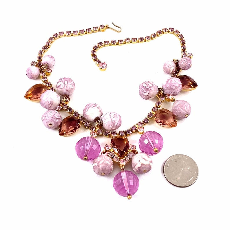 Fabulous Vintage D&E JULIANA Sparkling Pink Rhinestone and Bauble Bead Bib Necklace Book Piece image 6