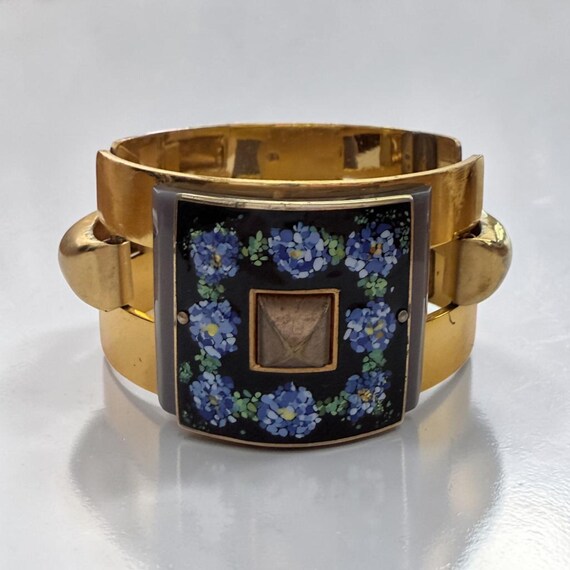 1930s French Art Deco Albert Flamand Fladium Depose * Floral Enamel * Hinged cuff  bracelet * Rare View 2