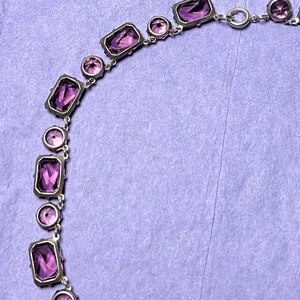 Vintage Art Deco Bezel Set French Cut Amethyst Purple Glass and Pink Crystal Sterling Silver Necklace image 7