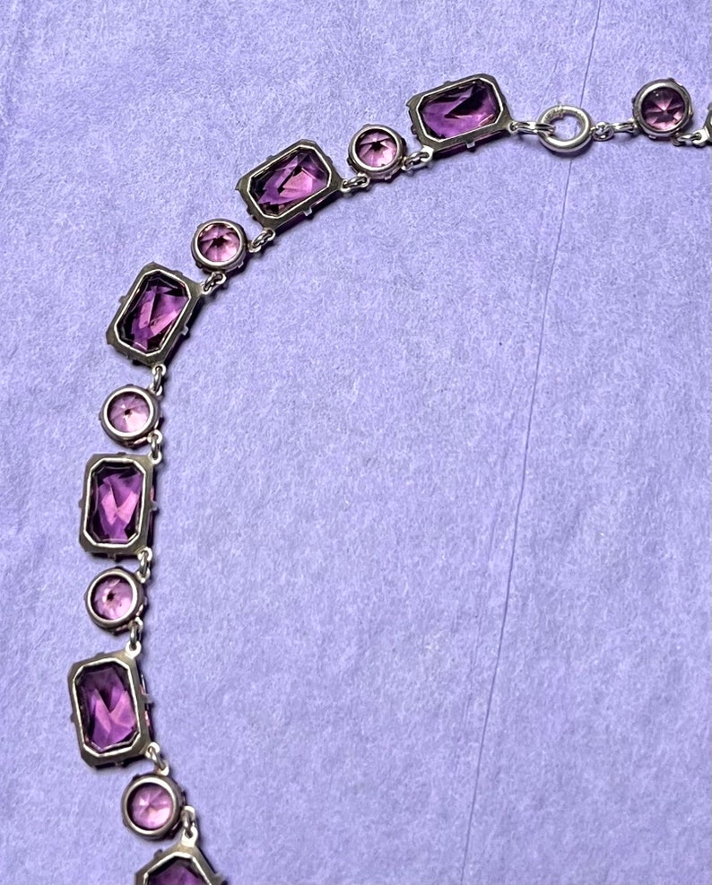 Vintage Art Deco Bezel Set French Cut Amethyst Purple Glass and Pink Crystal Sterling Silver Necklace image 7