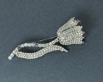 Vintage Pauline Trigere Crystal Clear Rhinestone Tulip Flower -  Brooch - Pin