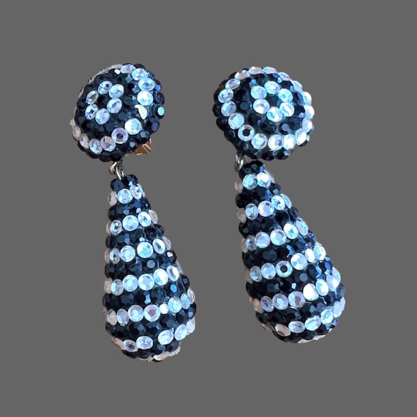 Vintage CAROLINE WILLIAMS (looks like Richard Kerr) Dazzling Crystal Clear & Black Crystal Rhinestone Drop Dangle Earrings