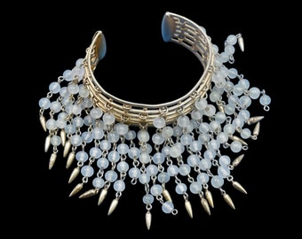 RARE Vintage 1920s Art Deco NAPIER Frosted Blue-White Glass Bead Dangle Cuff Bracelet