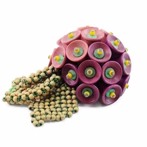 RARE Early Vintage Miriam Haskell WWII WOOD Bell Dome & Glass Bead Dress Clip Brooch 1940s
