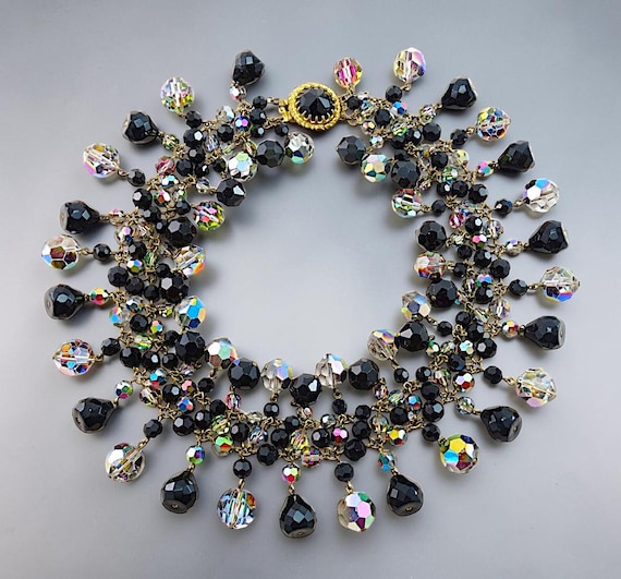 Vintage French Francoise Montague Black Crystal Necklace, 1960s Couture Collarette