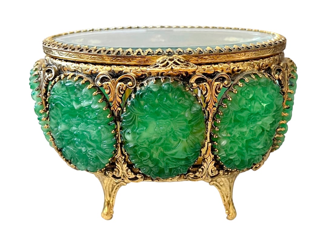 Vintage Ormolu Jewelry Casket Trinket Box Jade Art Glass Etsy