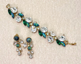 Vintage HATTIE CARNEGIE - Spectacular Crystal Rhinestone & Art Glass AB Cabochons - Bracelet and Drop Dangle Earring Set