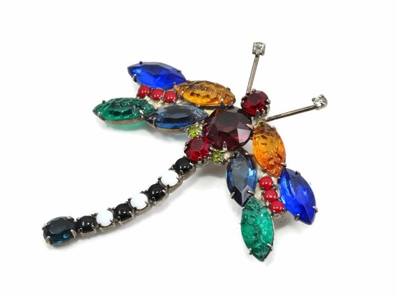 Colorful Vintage Dragonfly with Art Glass and Rhi… - image 2