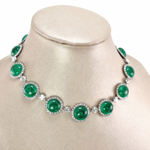 Vintage MOGUL MUGHUL Flawed Emerald Glass Rhinestone Full Collar Necklace - Cartier Design Style