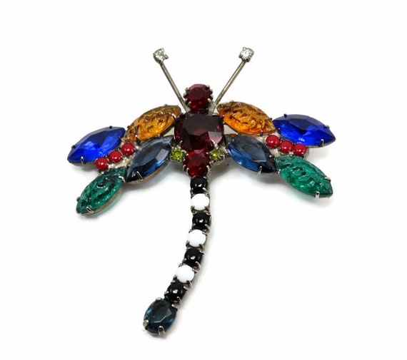 Colorful Vintage Dragonfly with Art Glass and Rhi… - image 6
