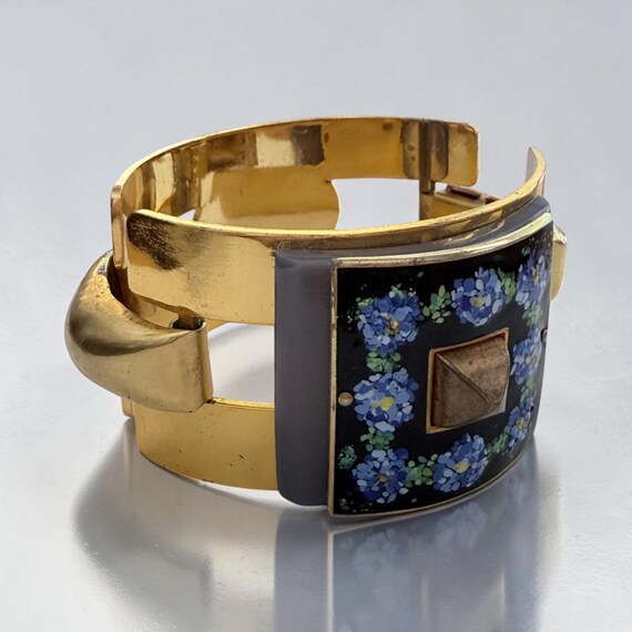 1930s French Art Deco Albert Flamand Fladium Depose * Floral Enamel * Hinged cuff  bracelet * Rare View 6