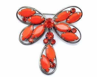 Butterfly Dangle Pin - Vintage - Orange Rhinestone Brooch - Stunning!