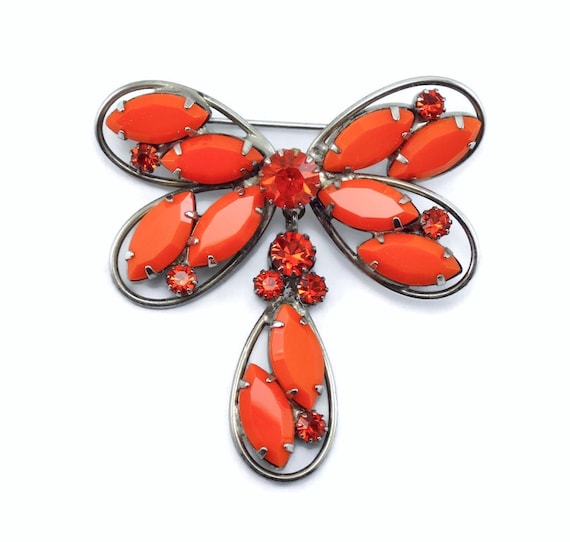 Butterfly Dangle Pin - Vintage - Orange Rhinestone Br… - Gem