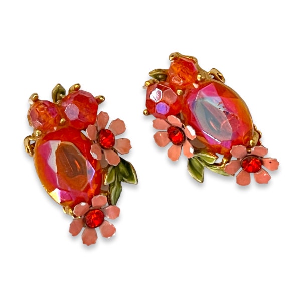 Vintage Signed Selini Selro Orange AB Coated Rhinestone and Beads - Peach Enamel Flowers - Clip Earrings