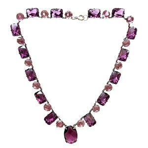 Vintage Art Deco Bezel Set French Cut Amethyst Purple Glass and Pink Crystal Sterling Silver Necklace image 4
