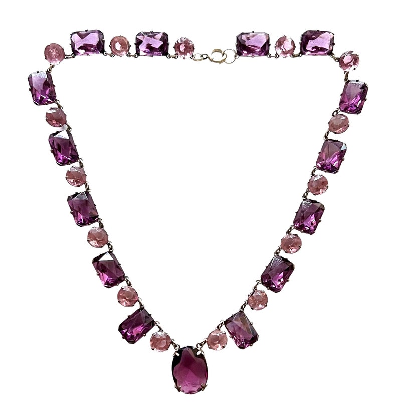 Vintage Art Deco Bezel Set French Cut Amethyst Purple Glass and Pink Crystal Sterling Silver Necklace image 4