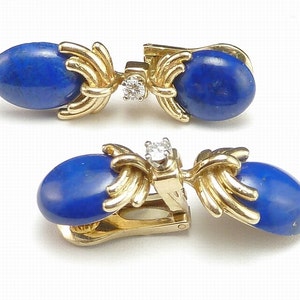 Vintage European 18K Gold Lapis Lazuli and .20 Carat Diamond SI-1 Clarity H Color Dangle Statement Earrings