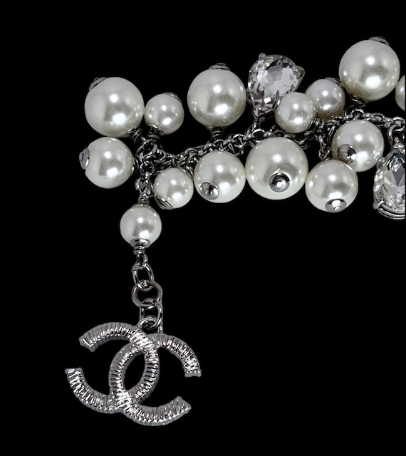 Chanel Gunmetal CC Crystal Pearl Dangle Stone Necklace