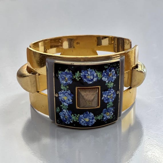 1930s French Art Deco Albert Flamand Fladium Depose * Floral Enamel * Hinged cuff  bracelet * Rare View 5