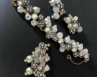 REF 1943 * Vintage Juliana AB Rhinestone Parure * Rhinestone balls & textured beads * Bracelet earrings brooch
