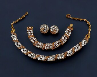 Vintage LISNER Necklace, Bracelet, Earrings Parure - Crystal Clear Rhinestones - Original Presentation Box!