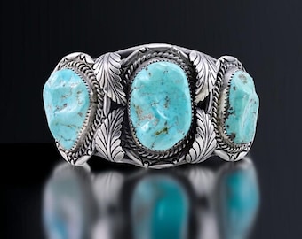 Vintage 1970s Navajo J.E. BEGAY Gorgeous Nugget Turquoise Sterling Silver Cuff Bracelet