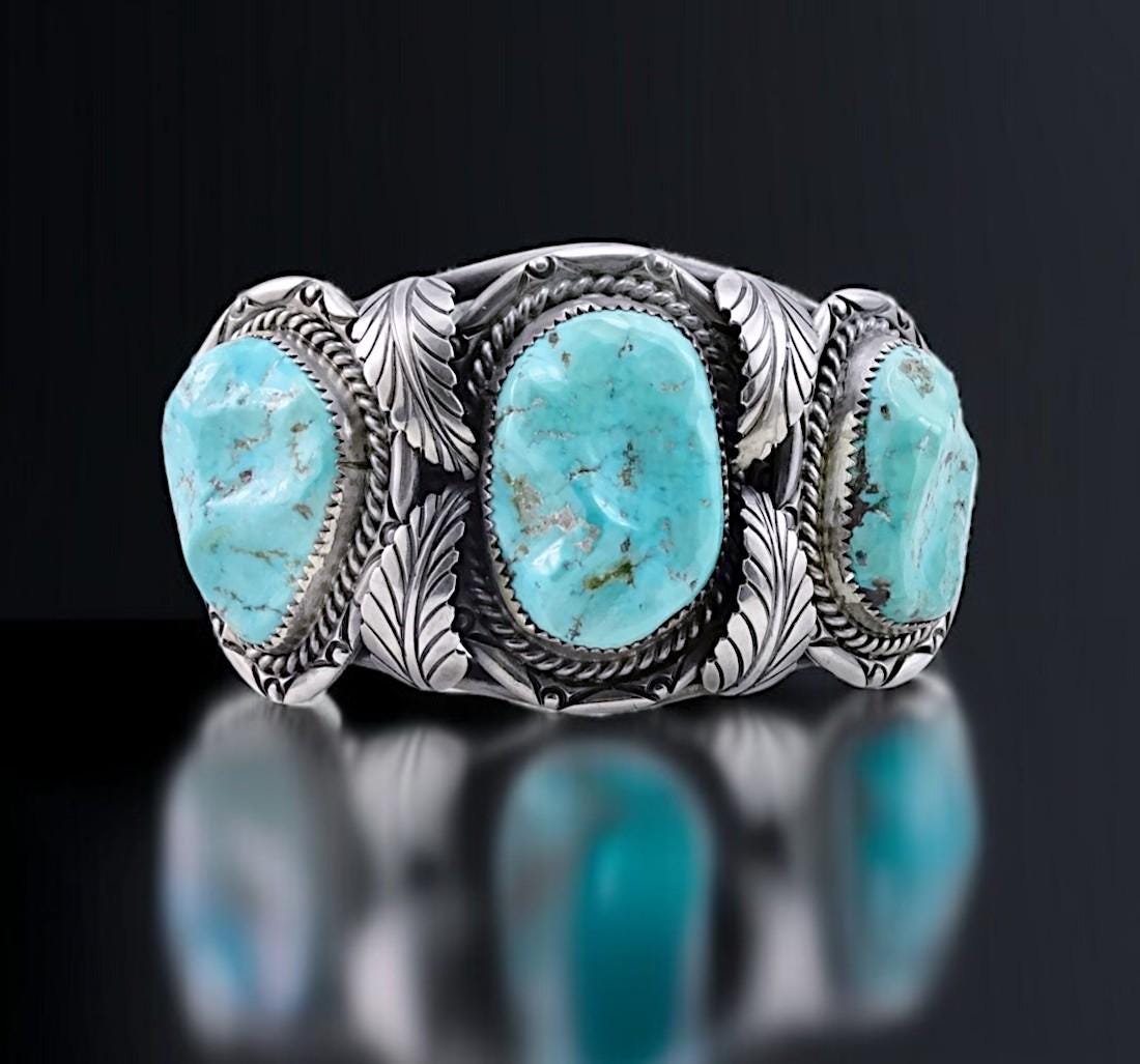Huge Tin Jon Vintage Native American Navajo Damale Turquoise Sterling Silver Leaf Bracelet Huge Tin Jon Vintage Native American Navajo Damale Turquoise Sterling Silver Leaf Bracelet