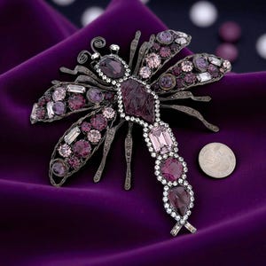May include: A dragonfly brooch with a dark metal frame, adorned with various shades of purple and pink gemstones. The brooch features a large central stone and smaller gems outlining the wings and body. A silver coin is next to the brooch.