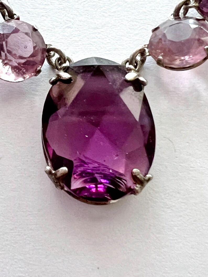 Vintage Art Deco Bezel Set French Cut Amethyst Purple Glass and Pink Crystal Sterling Silver Necklace image 9