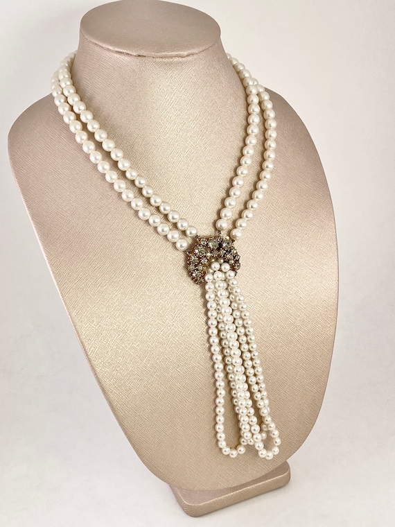 ★VINTAGE HOLLYWOOD★ Petit Twinkle Ribbon Pearl Necklace Vintage 1946 HATTIE CARNEGIE - Dazzling Black Diamond