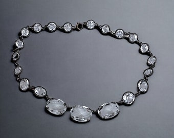 Incredible Vintage Art Deco Fancy Etched Bezel Set Sterling Silver or Platinum Necklace - Real Lead Flint Crystal!