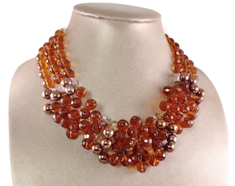 Vintage French Deep Topaz Glass Bead & Rhinestone BIB Necklace Made in France GORGEOUS!