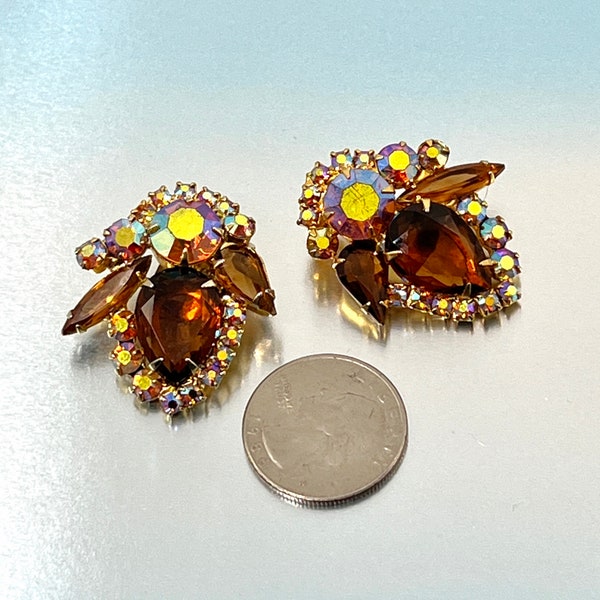 Massive JULIANA AB and Golden Topaz Rhinestone Earrings - Vintage D&E Confirmed Book Piece!