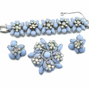 Vintage D&E JULIANA Baby Blue Milk Glass Ab Rhinestone - 5 Link Bracelet - Brooch - Earrings - Demi-Parure