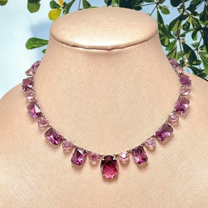 Vintage Art Deco Bezel Set French Cut Amethyst Purple Glass and Pink Crystal Sterling Silver Necklace image 10