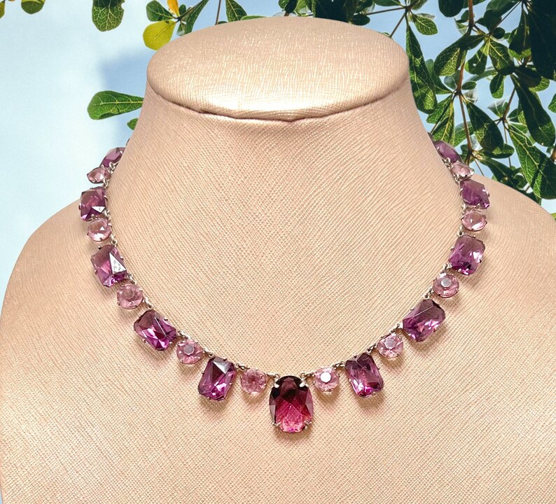 Vintage Art Deco Bezel Set French Cut Amethyst Purple Glass and Pink Crystal Sterling Silver Necklace image 10