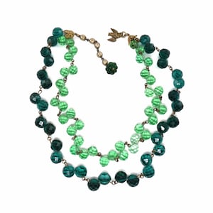 Vintage Early Signed MIRIAM HASKELL Light & Emerald Green Faceted Glass Beads - 2 Strand Necklace with Pearl Extender