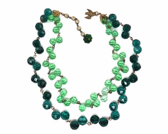 Vintage Early Signed MIRIAM HASKELL Light & Emerald Green Faceted Glass Beads - 2 Strand Necklace with Pearl Extender