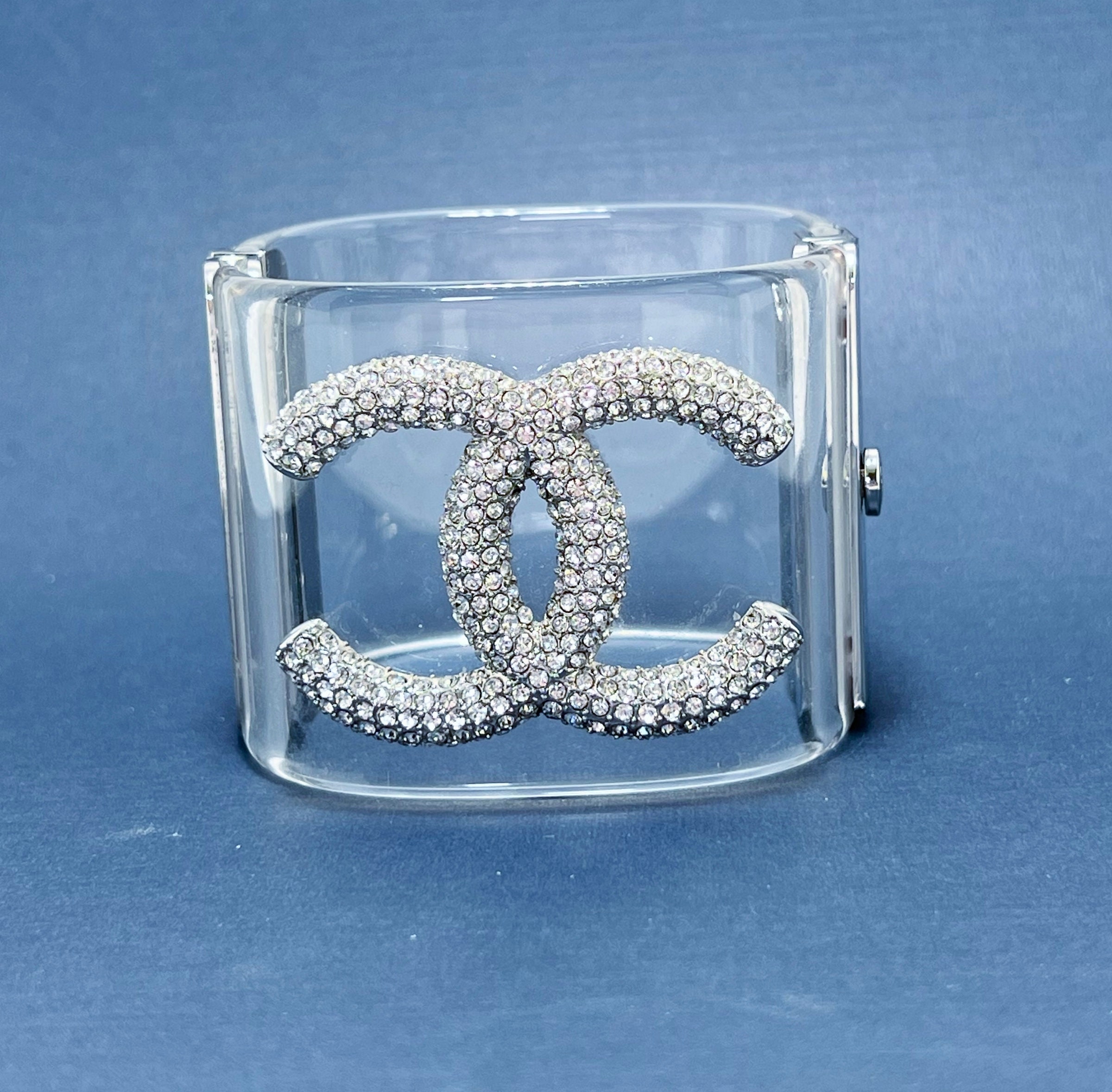 Authentic CHANEL Rhinestone Clover Black Bangle Cuff Bracelet Used from  Japan