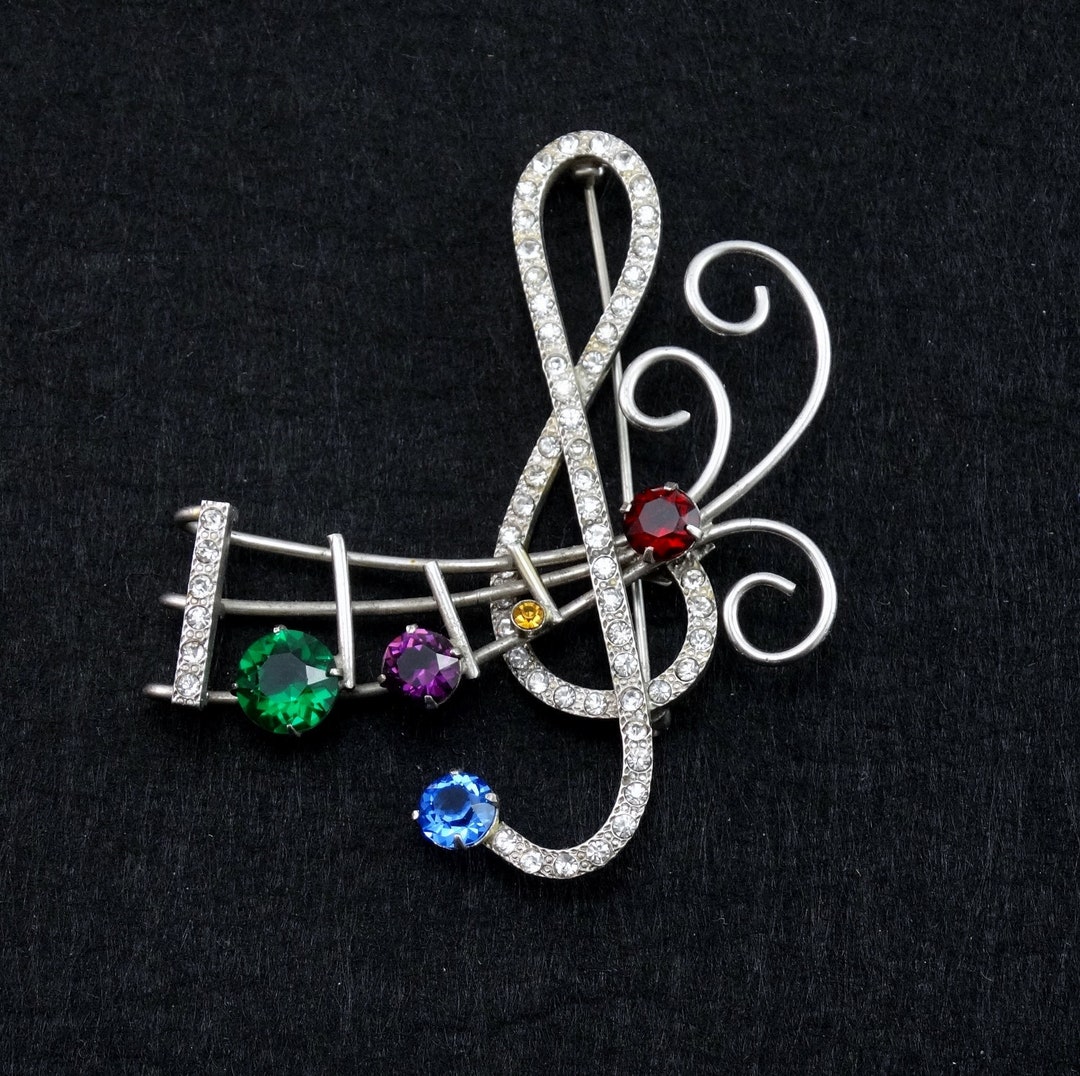 Vintage RISC Sterling Silver Music Note Brooch, Colorful Rhinestone Pin ...