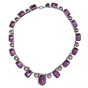 Vintage Art Deco Bezel Set French Cut Amethyst Purple Glass and Pink Crystal Sterling Silver Necklace image 5