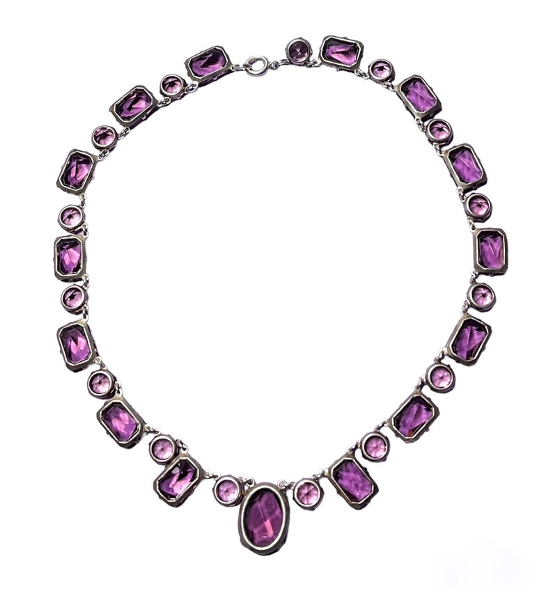 Vintage Art Deco Bezel Set French Cut Amethyst Purple Glass and Pink Crystal Sterling Silver Necklace image 5