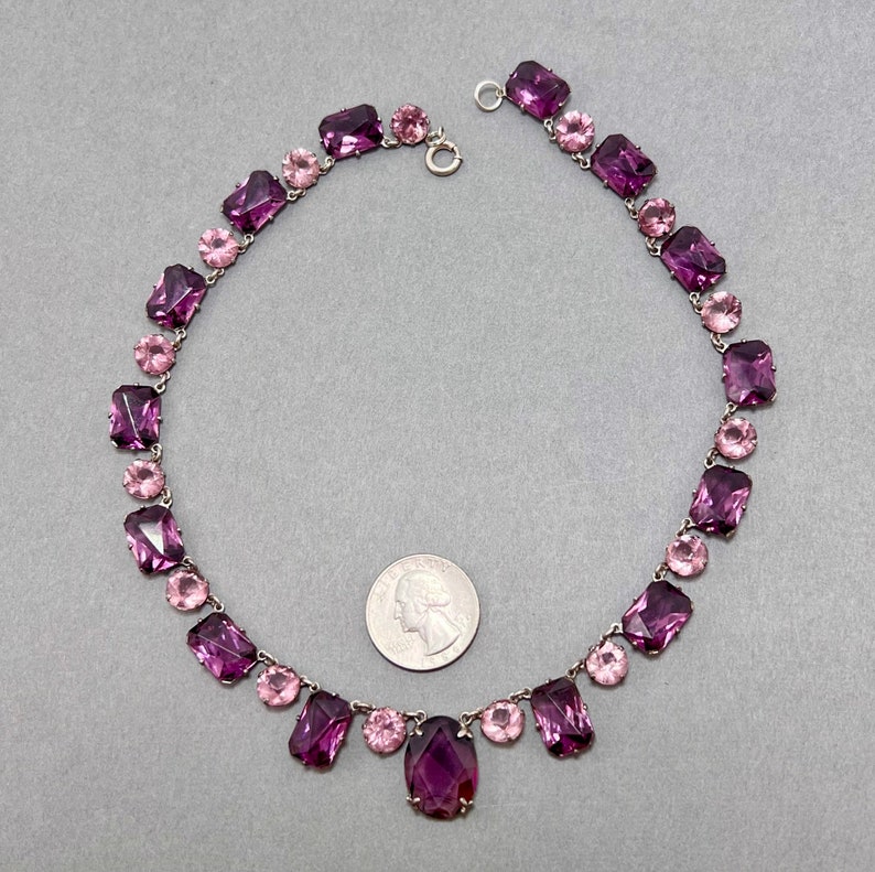 Vintage Art Deco Bezel Set French Cut Amethyst Purple Glass and Pink Crystal Sterling Silver Necklace image 3