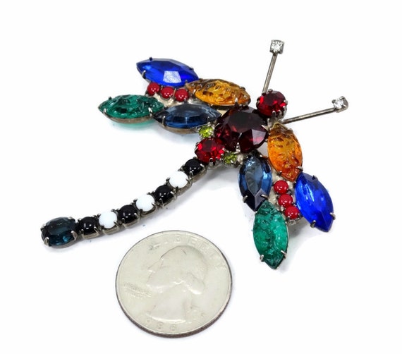 Colorful Vintage Dragonfly with Art Glass and Rhi… - image 5