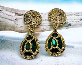 Exquisite Vintage VALENTINO Style Green Glass Long Drop Dangle Statement Earrings WOWZER!