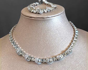 EISENBERG Vintage Sparkling Crystal Clear Rhinestone Necklace and Bracelet Demi-Parure * Dazzling set!