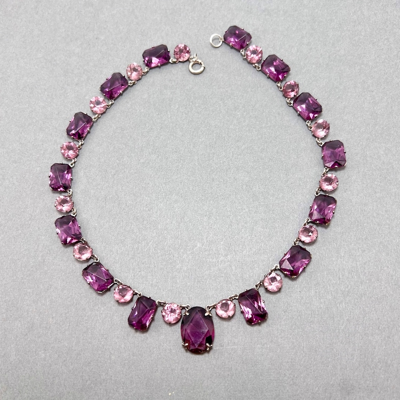 Vintage Art Deco Bezel Set French Cut Amethyst Purple Glass and Pink Crystal Sterling Silver Necklace image 2