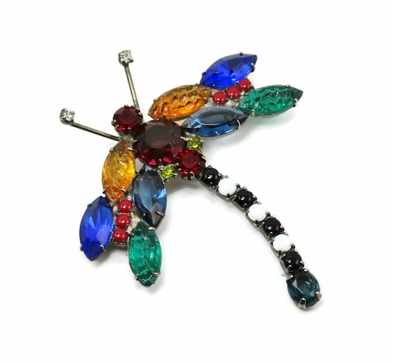 Colorful Vintage Dragonfly with Art Glass and Rhi… - image 1