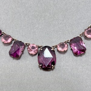 Vintage Art Deco Bezel Set French Cut Amethyst Purple Glass and Pink Crystal Sterling Silver Necklace image 8